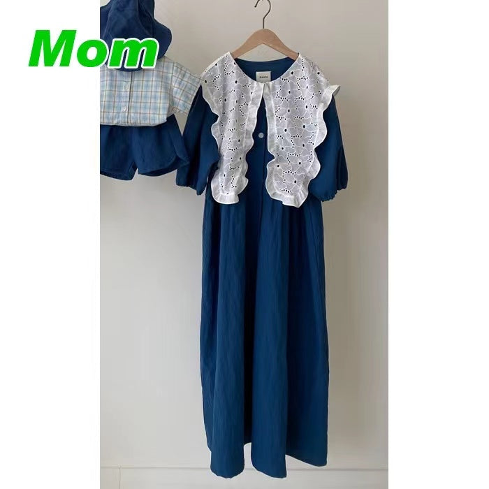 Mom Collar Dress - Denim Blue