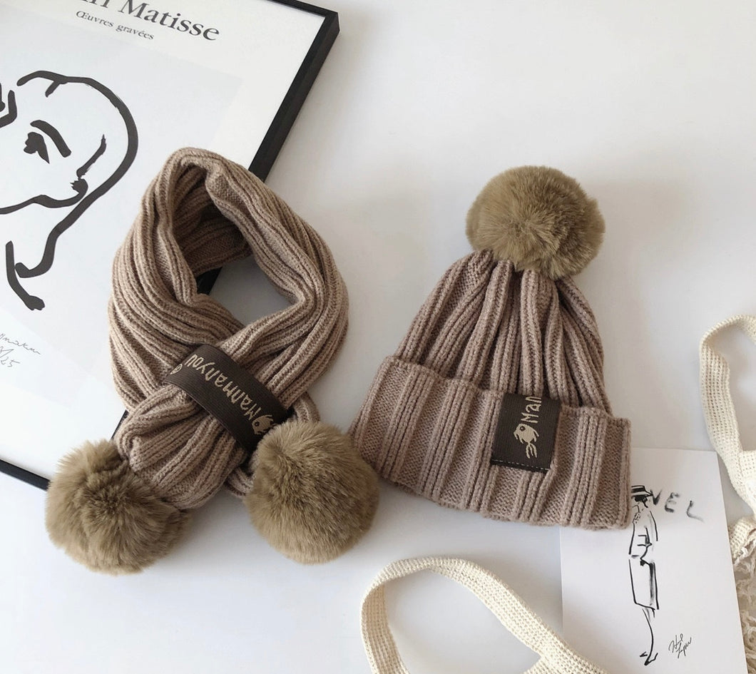 Rib Beanie&Scarf Set - Brown